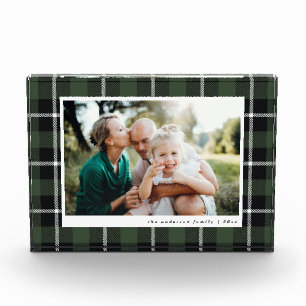 Green modern rustic tartan check family photo