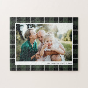 Green modern rustic tartan check family photo jigsaw puzzle