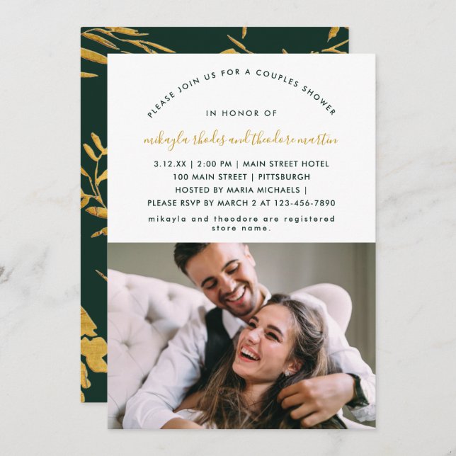 Green Modern Script Couples Shower Faux Gold Photo Invitation (Front/Back)