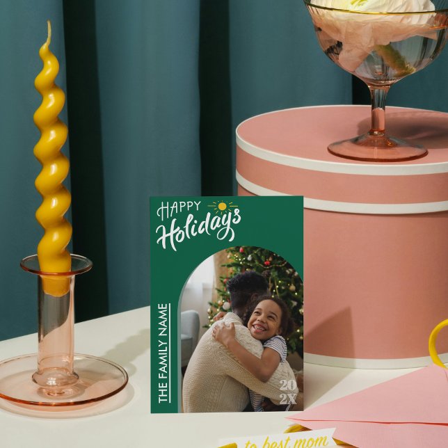 Green Modern Script Happy Holidays Photo Card (Trendy Calligraphy Lettering Christmas Holiday)