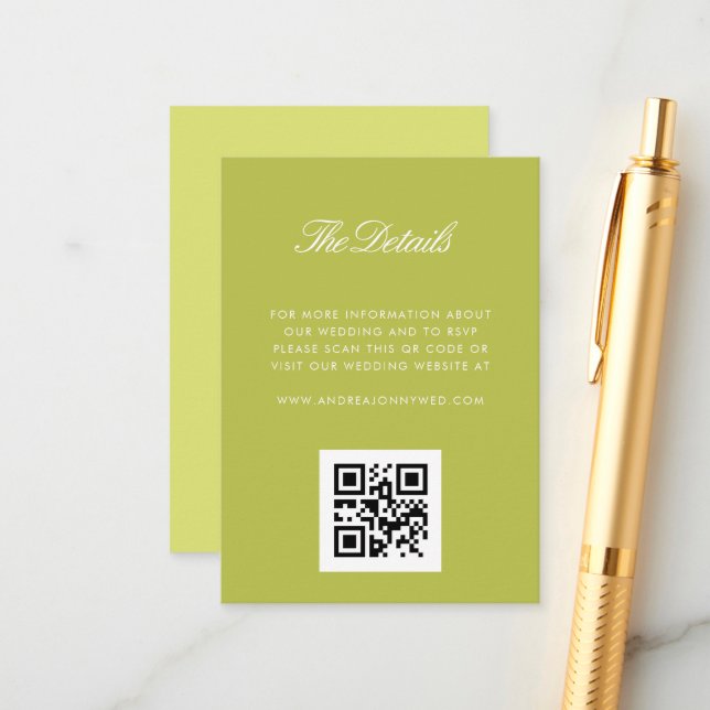 Green Modern Script QR Code Simple Wedding Details Enclosure Card (Front/Back In Situ)