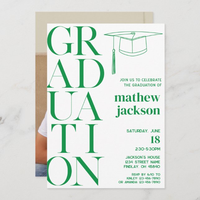 Green Modern Simple Graduation Party Personalised Invitation (Front/Back)