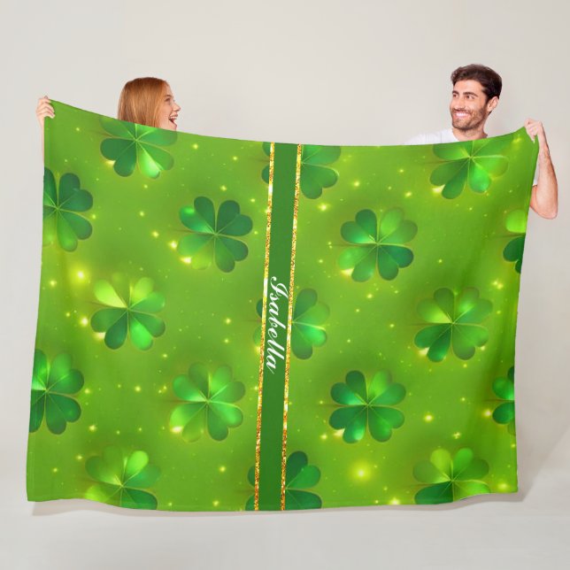 Green Modern St Patrick's Day Clover Collection Fleece Blanket (In Situ)