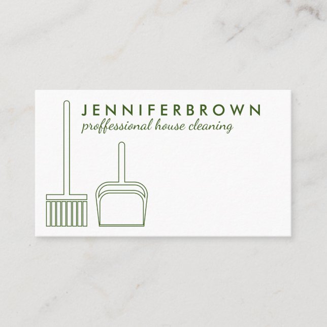 Green Modern Style Broom House Cleaning Janitorial Business Card (Front)