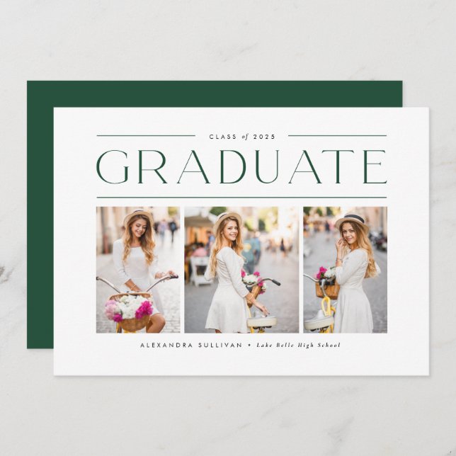 Green Modern Typography Photo Collage Graduation Invitation (Front/Back)