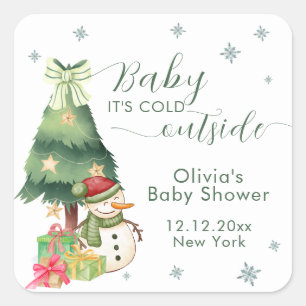 Green Modern Winter Snowman Baby Shower Square Sticker