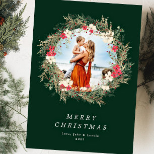 green modern wreath one photo merry christmas holiday card