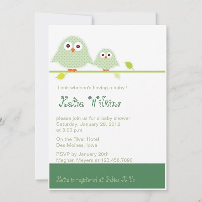Green Moma and Baby Owls-baby shower invitations (Front)