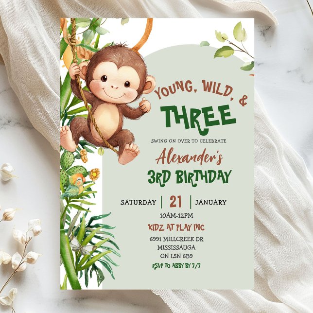 Green Monkey Young Wild Three Third Birthday Invitation (Creator Uploaded)
