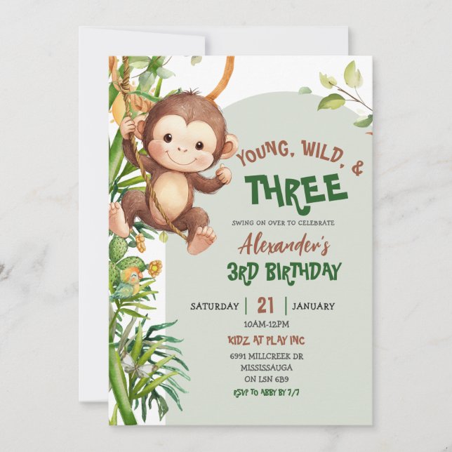 Green Monkey Young Wild Three Third Birthday Invitation (Front)