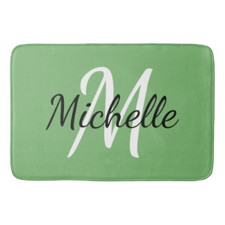 Green Monogram Add Your Name Simple Modern Trendy Bath Mat