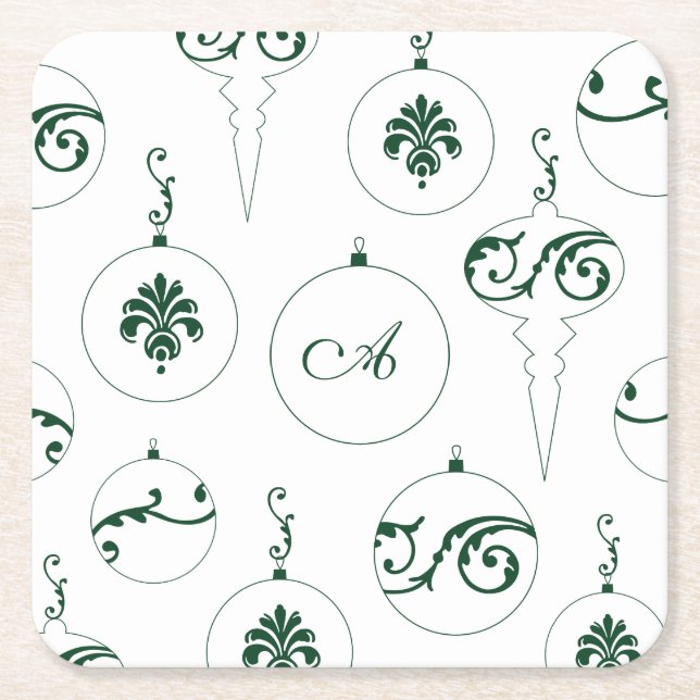 Green Monogram Bauble Christmas Ornaments Pattern Square Paper Coaster (Front)