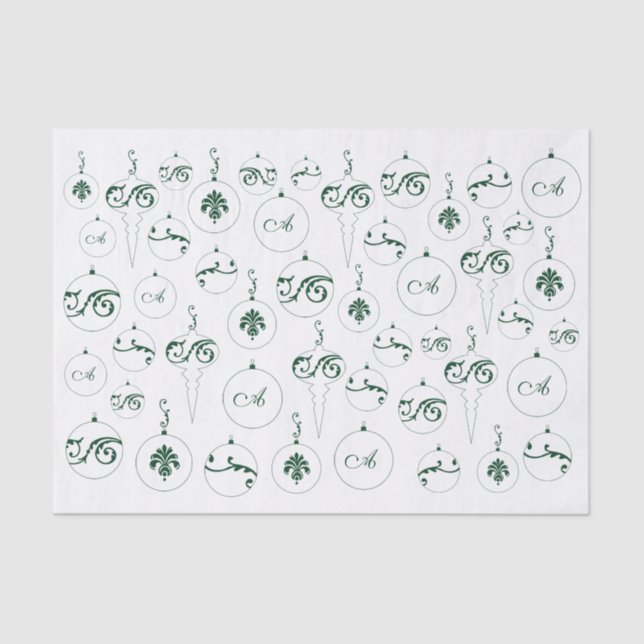 Green Monogram Bauble Ornaments Pattern Christmas Tissue Paper (Front)