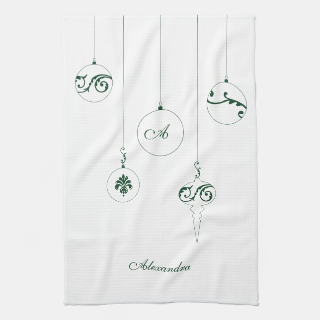 Green Monogram Bauble Ornaments Personalised Name Tea Towel (Vertical)