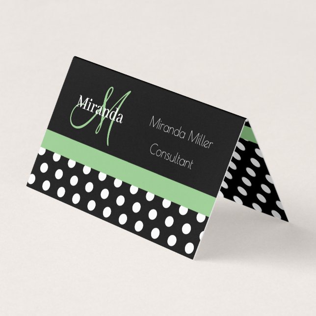 Green Monogram Black White Polka Dot Business Card (Front)