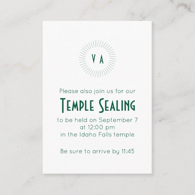 Green Monogram Circle Temple Sealing Invitation (Front)