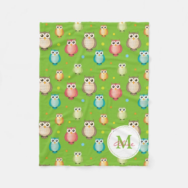 Green Monogram Cute Wise Owls Pattern Fleece Blanket (Front)