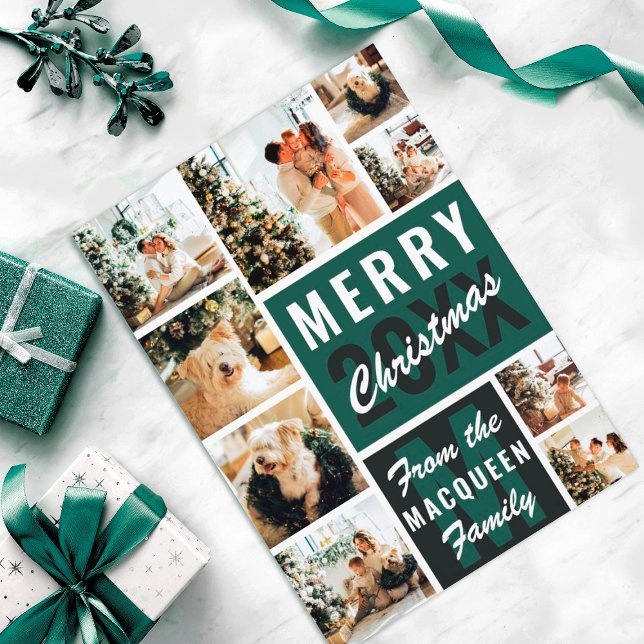 Green Monogram Family Photo Collage Christmas Card (Creator Uploaded)
