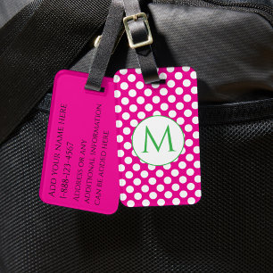 Green Monogram Hot Pink Polka Dots Bright Colors Luggage Tag