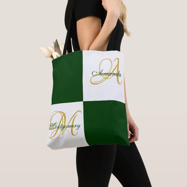 Green Monogram Modern Stylish Elegant Initial Tote (Close Up)
