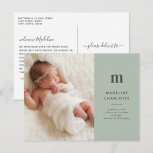 Green Monogram Photo Newborn Announcement Postcard