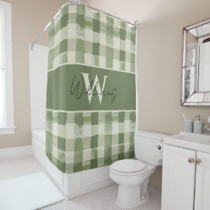 Green Monogram Plaid Gingham Custom Shower Curtain
