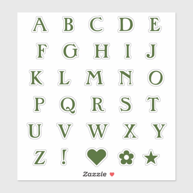 Green Monogram Text Letters | Alphabet Heart Star (Sheet)