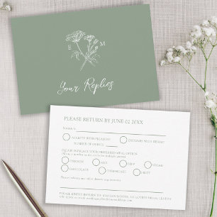 Green monogram wildflower meal option wedding RSVP card