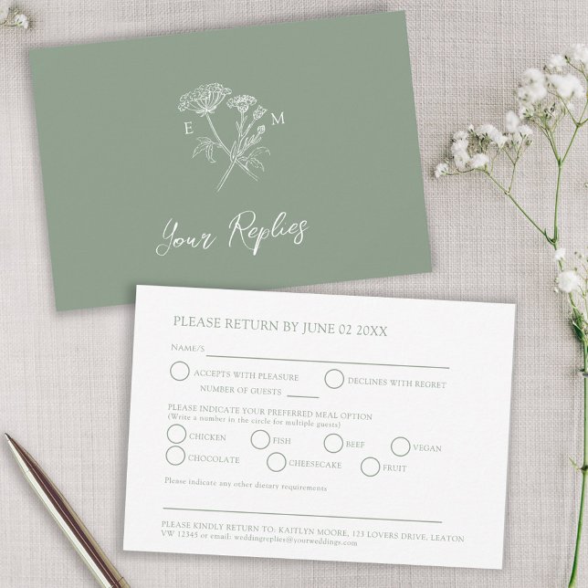 Green monogram wildflower meal option wedding RSVP card (Creator Uploaded)