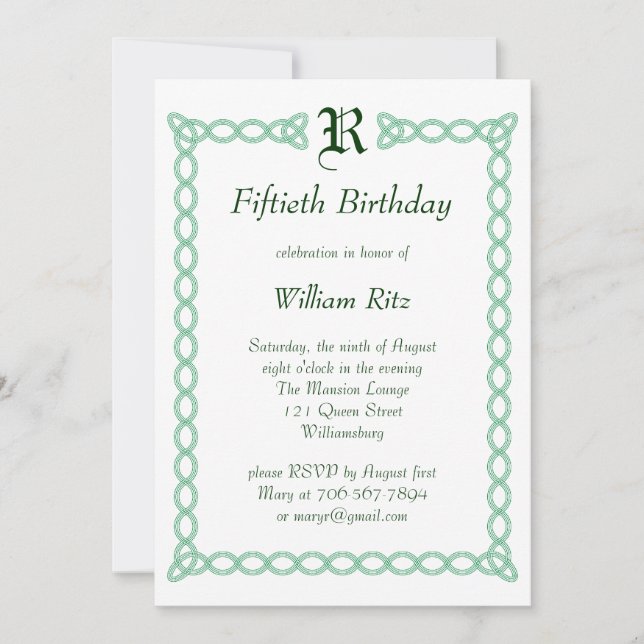 Green Monogrammed Birthday Invitation (Front)