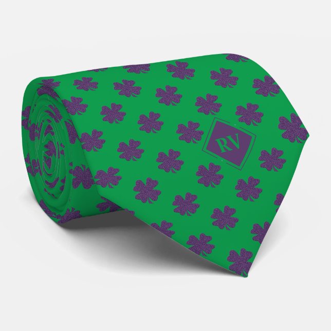 Green Monogrammed Purple Shamrock Pattern Tie (Rolled)