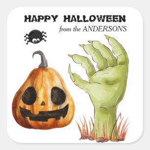 Green Monster Hand Jack o' Lantern Square Sticker