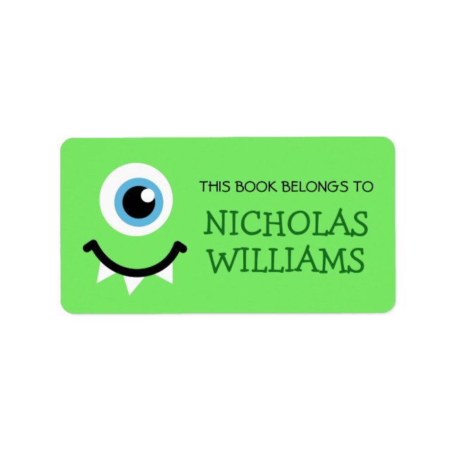 Green monster kids bookplate book label (Front)