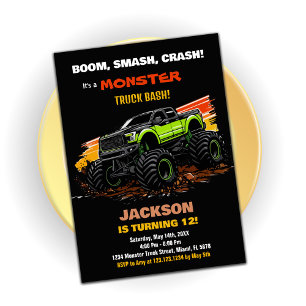 Green Monster Truck Birthday Invitations Black