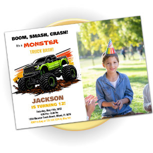 Green Monster Truck Birthday Invitations Photo