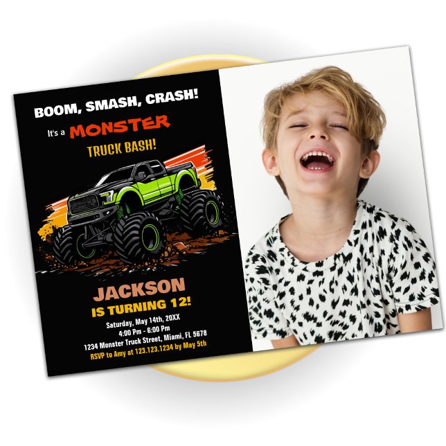 Green Monster Truck Birthday Invitations Photo (Green Monster Truck Birthday Invitations Photo)