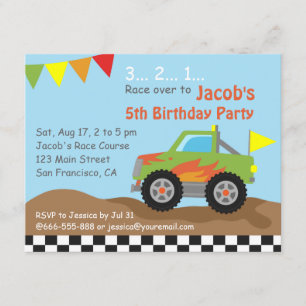 Green Monster Truck Birthday Party Invitation