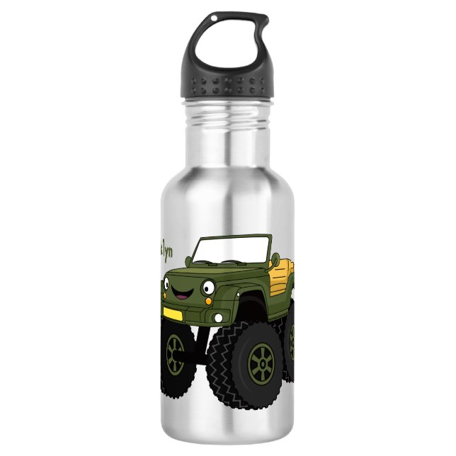 Green monster truck cartoon illustration 532 ml water bottle (Front)