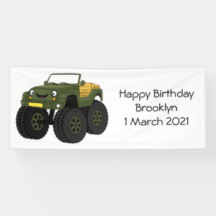 Green monster truck cartoon illustration banner
