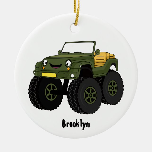 Green monster truck cartoon illustration ceramic ornament (Front)