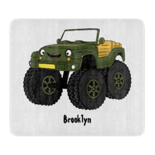 Green monster truck cartoon illustration cutting board