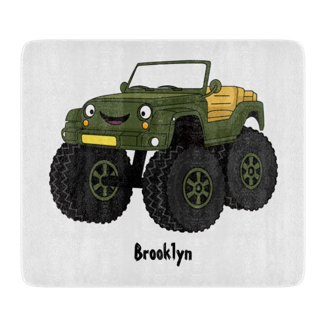 Green monster truck cartoon illustration cutting board (Front)