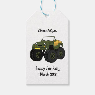Green monster truck cartoon illustration gift tags