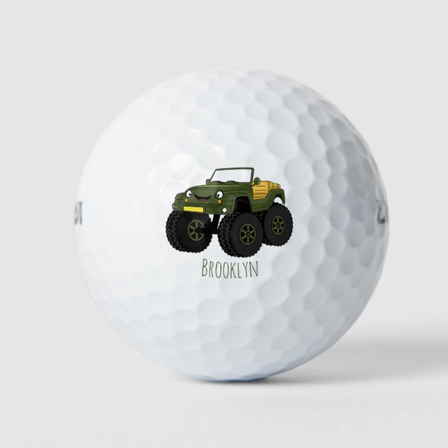 Green monster truck cartoon illustration golf balls (Front)