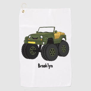 Green monster truck cartoon illustration golf towel