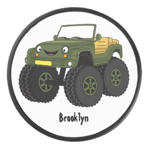 Green monster truck cartoon illustration hockey puck
