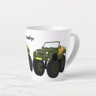 Green monster truck cartoon illustration  latte mug