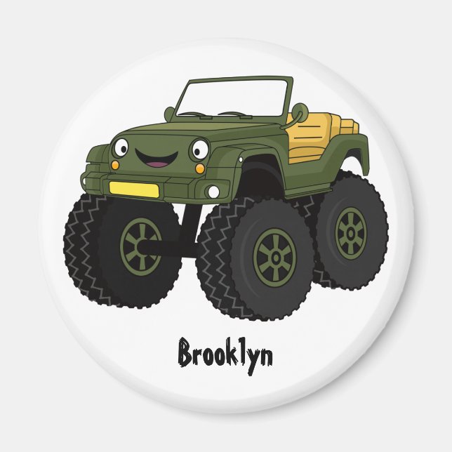 Green monster truck cartoon illustration magnet (Front)