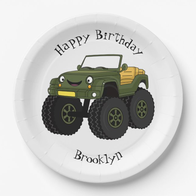Green monster truck cartoon illustration paper plate (Front)