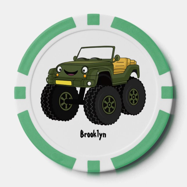 Green monster truck cartoon illustration  poker chips (Front)